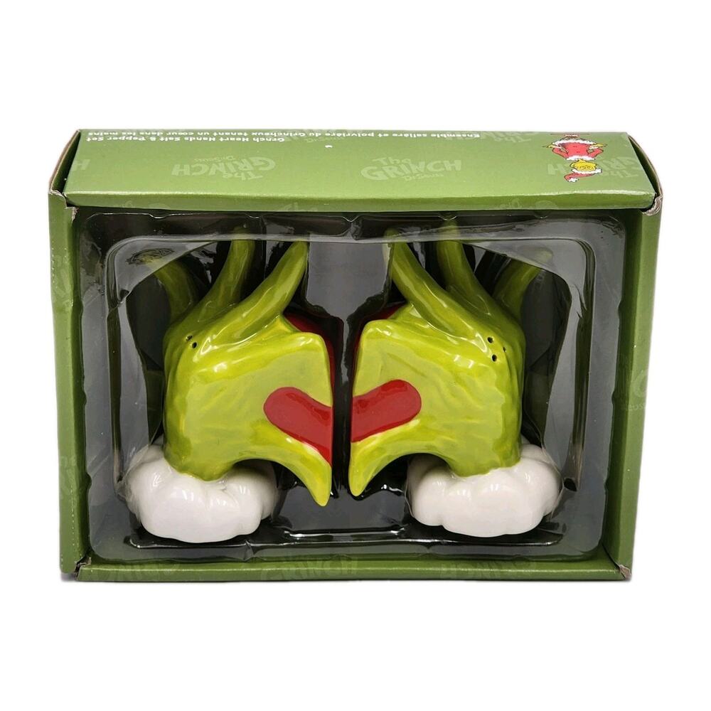 The Grinch Heart Hands Salt & Pepper Shaker Set Department 56 Enesco NEW IN BOX - Picture 2 of 10